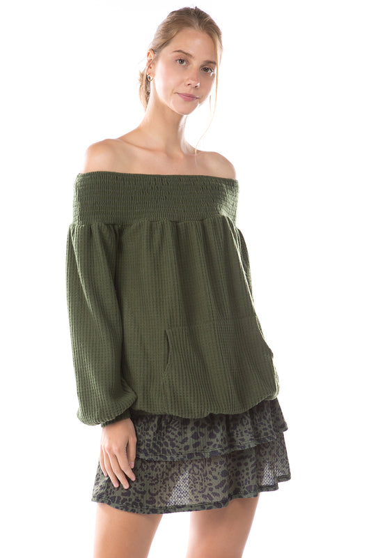 ALIA OFF SHOULDER TOP (BRUSH OLIVE)-VT2792
