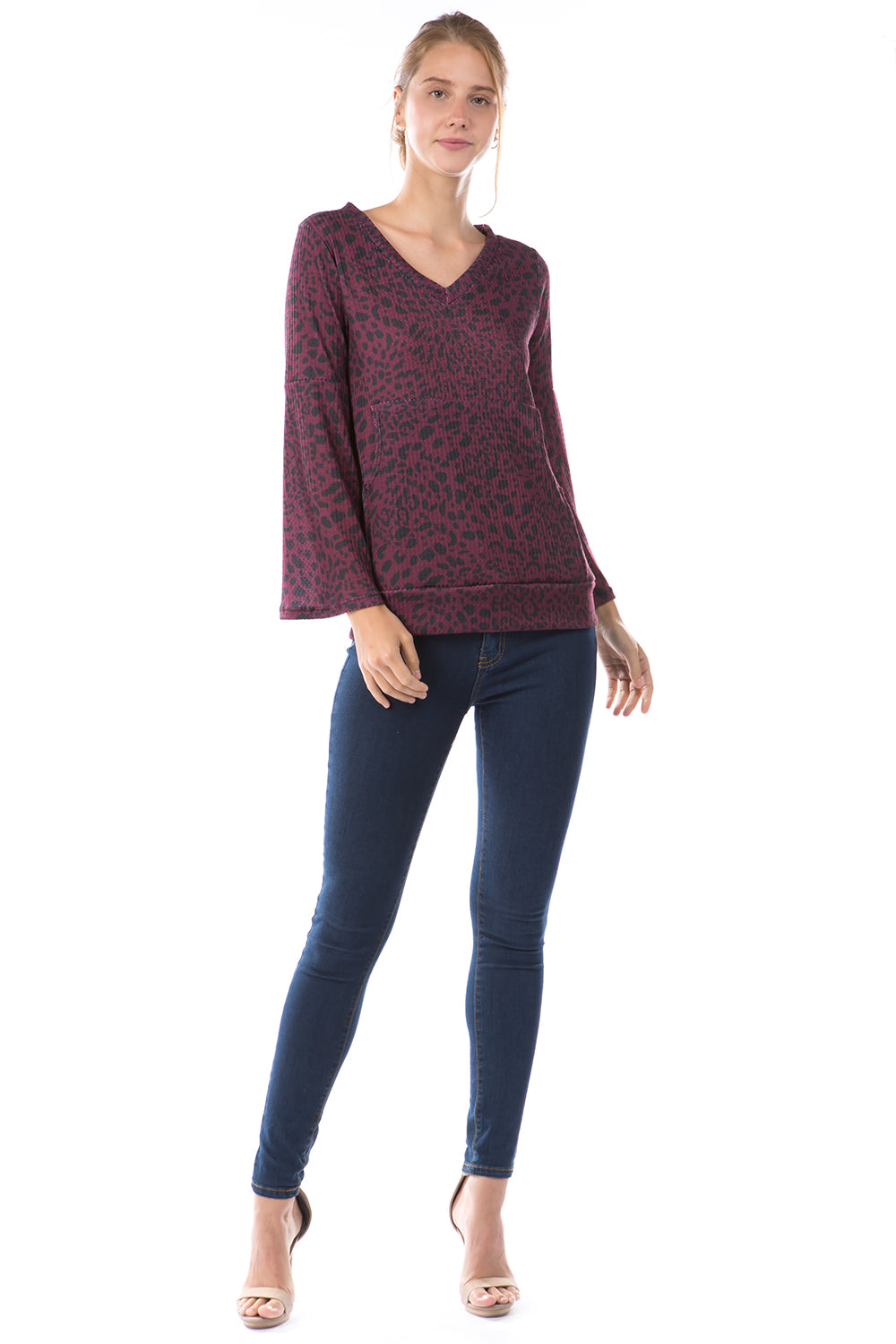 HATTIE BELL SLEEVE TOP (LEOPARD WINE)-VT2796