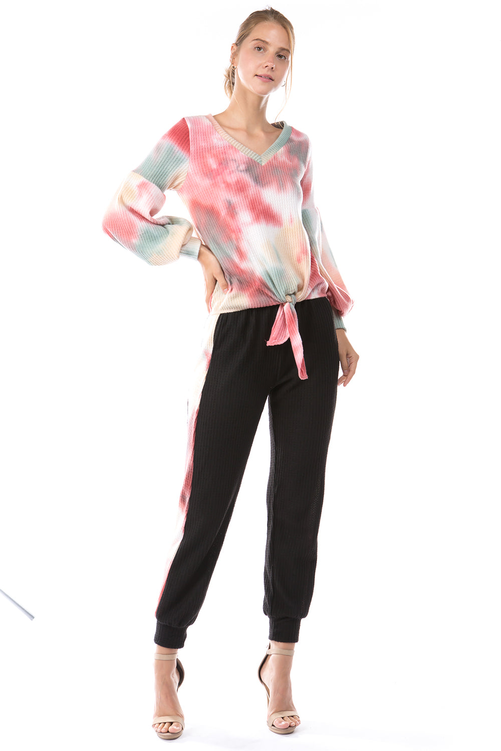 HATTIE V NECK TOP (BRUSH TAUPE PINK TIE DYE)-VT2798