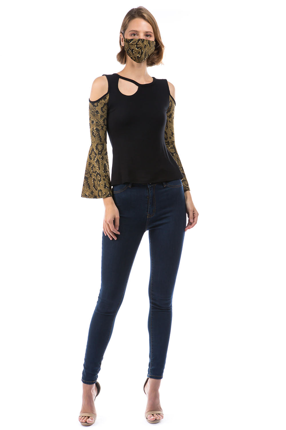 SNAKE BELL SLEEVE TOP (BLACK/SNAKE )- VT2848