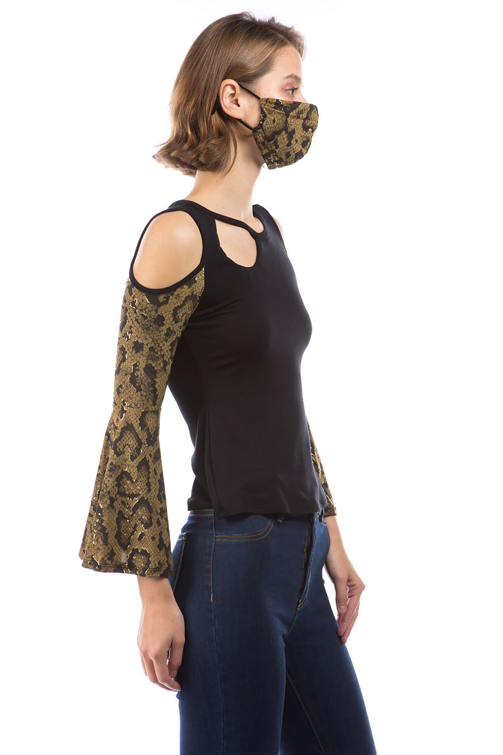 SNAKE BELL SLEEVE TOP (BLACK/SNAKE )- VT2848