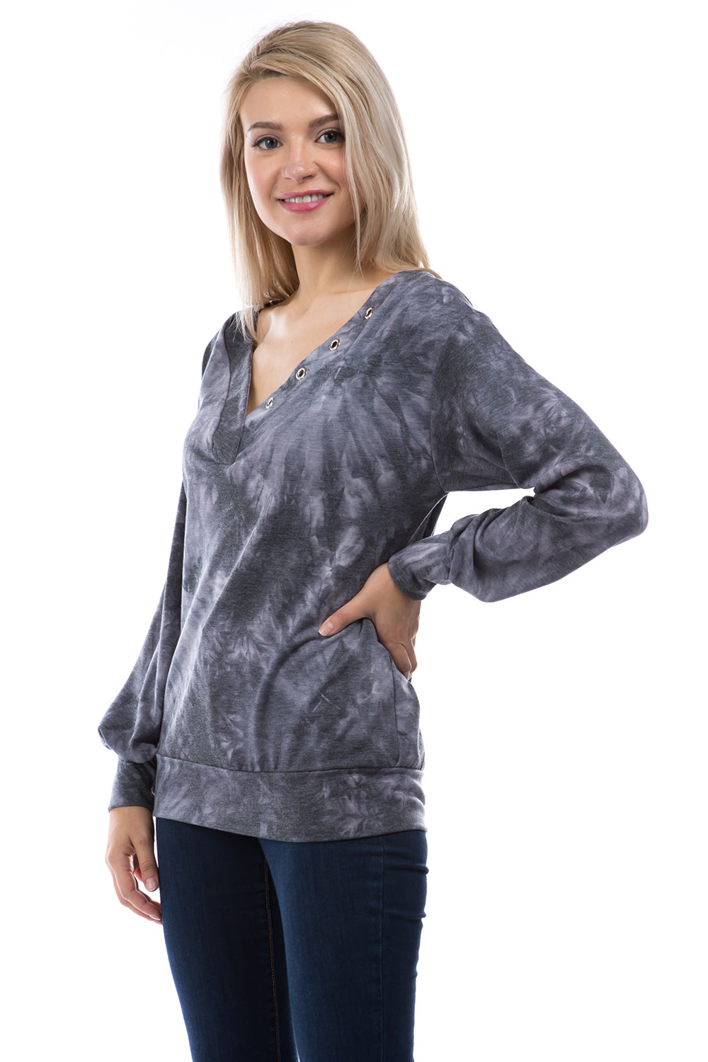 VICTORIA V NECK WITH EYELET TOP (FRENCH TERRY CHARCOAL TIE DYE)-VT2851