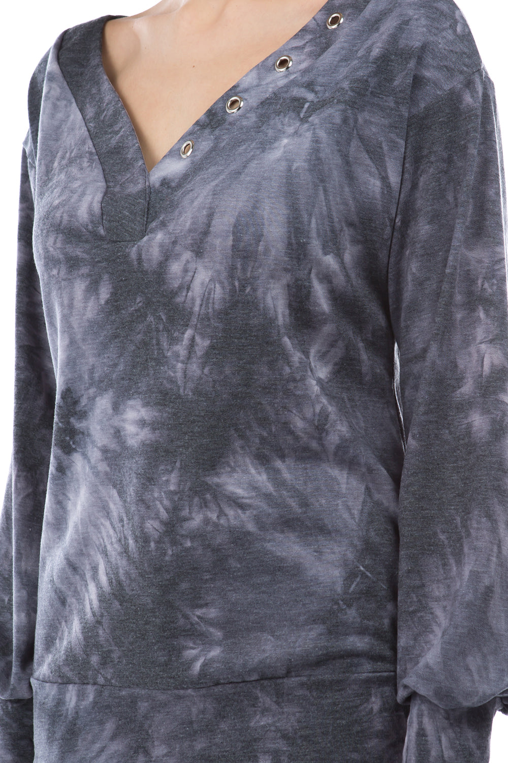 VICTORIA V NECK WITH EYELET TOP (FRENCH TERRY CHARCOAL TIE DYE)-VT2851