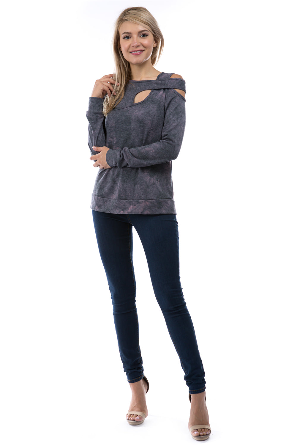 VICTORIA CROSS NECK STRAP TOP (FRENCH TERRY CHARCOAL TIE DYE)-VT2854