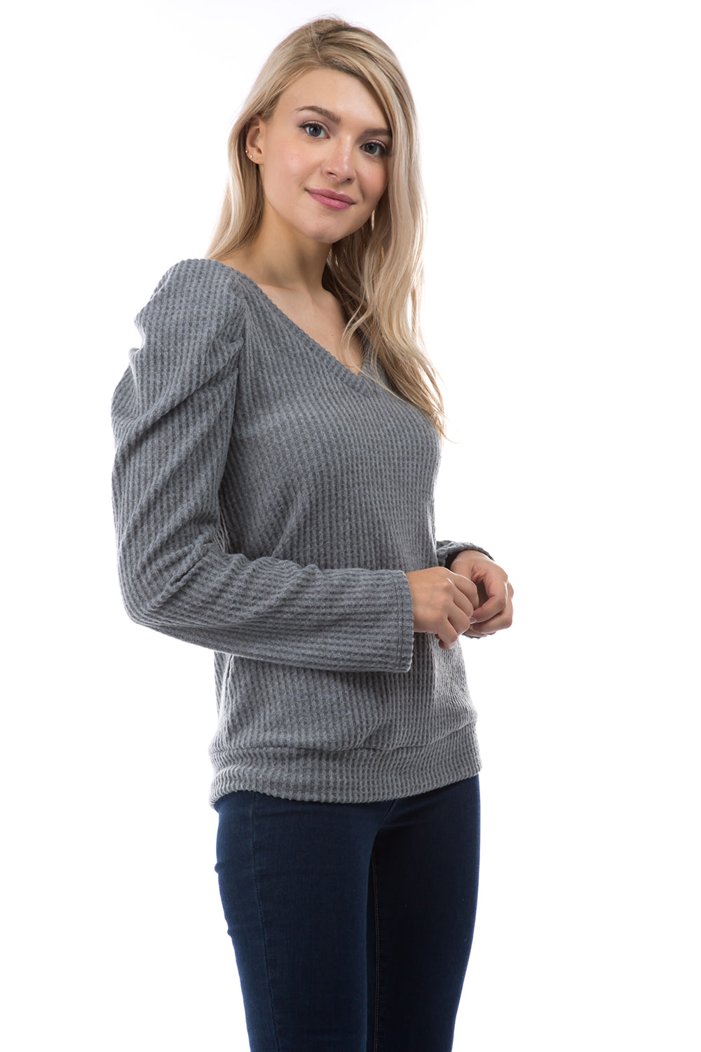 BRIDGET PUFF SLEEVE V NECK TOP (BRUSH GREY)-VT2857