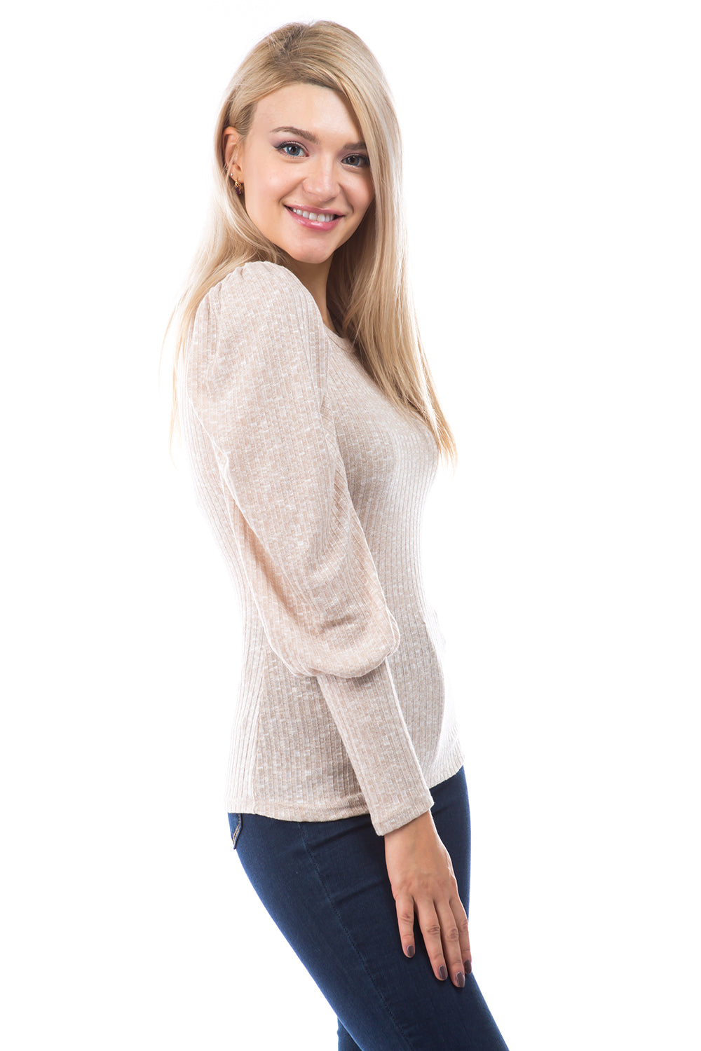 ANN BALLOON SLEEVE BOAT NECK TOP (OATMEAL)-VT2863