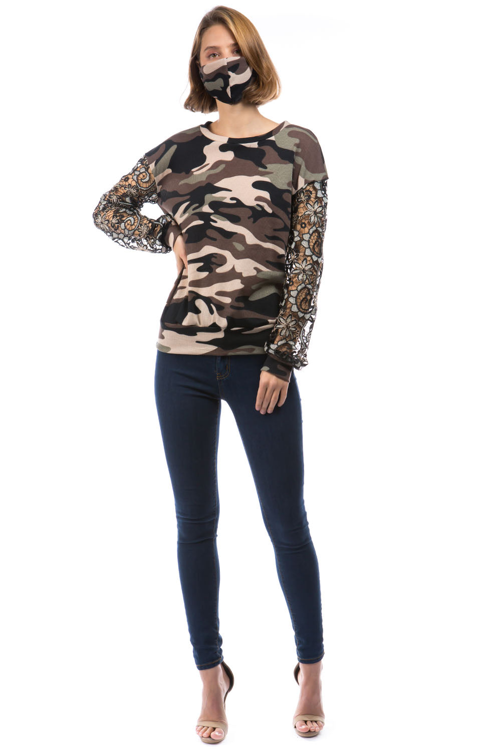LAUREN LACE SLEEVE TOP (BROWN CAMO / BLACK LACE )- VT2876