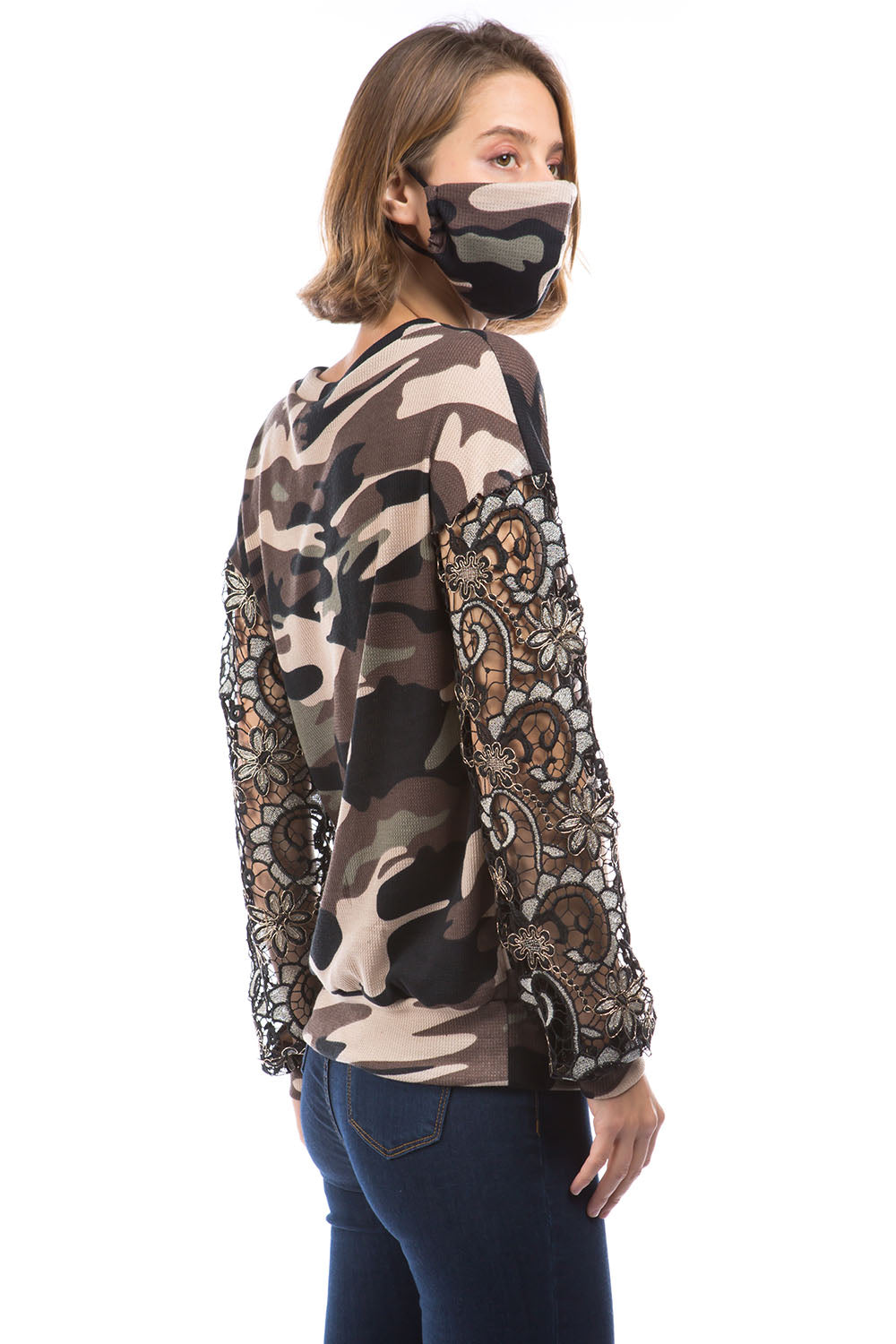 LAUREN LACE SLEEVE TOP (BROWN CAMO / BLACK LACE )- VT2876