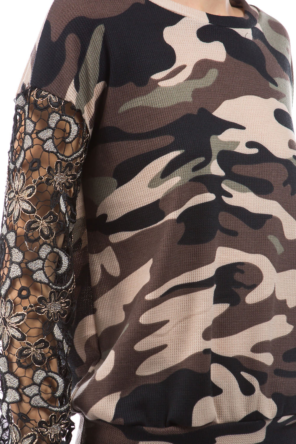 LAUREN LACE SLEEVE TOP (BROWN CAMO / BLACK LACE )- VT2876
