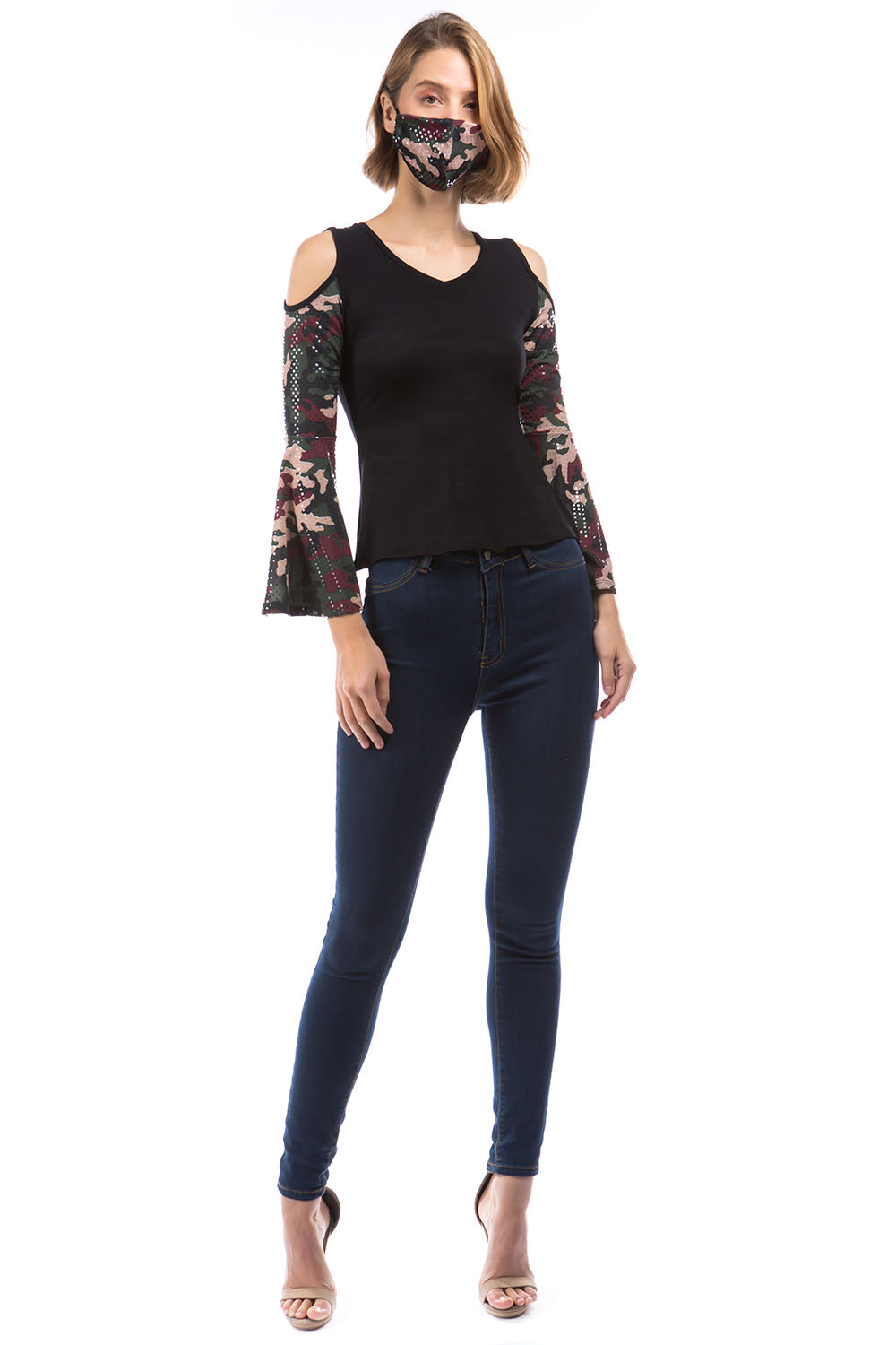LAUREN BELL SLEEVE TOP (BLACK / SEQUINS CAMO)- VT2878