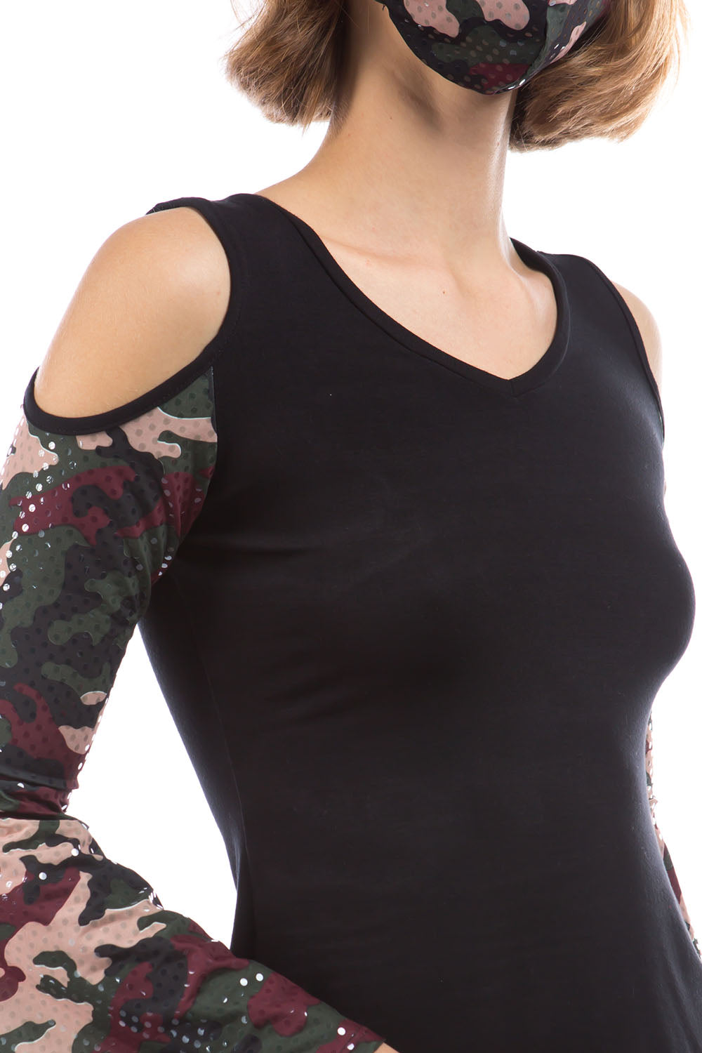 LAUREN BELL SLEEVE TOP (BLACK / SEQUINS CAMO)- VT2878