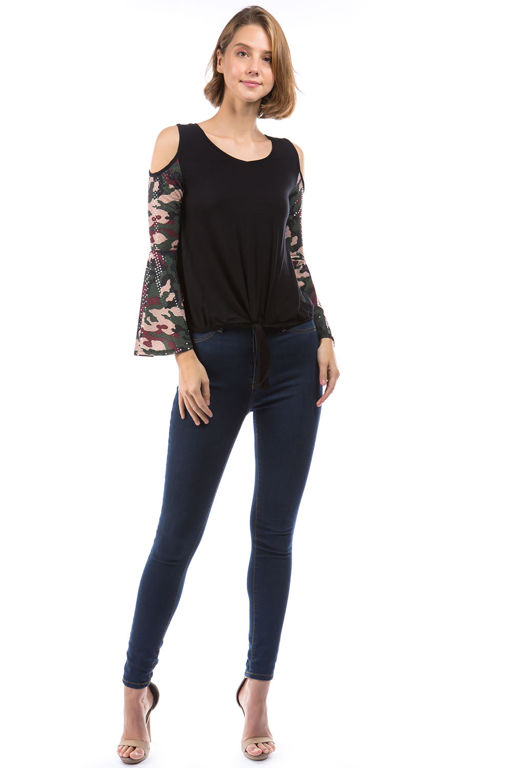 LAUREN FRONT TIE TOP (BLACK / SEQUINS CAMO )- VT2879