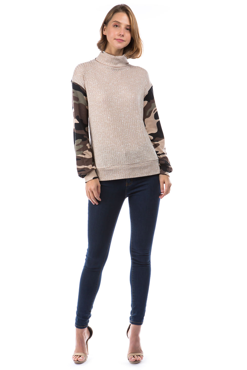 LAUREN TURTLE NECK TOP (OATMEAL 5x4 RIB / BROWN CAMO)- VT2880