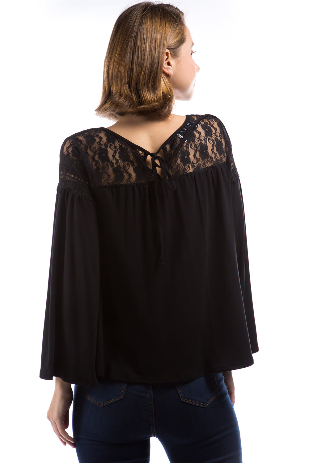 LEAH LACE YOKE TOP (BLACK)-VT2884