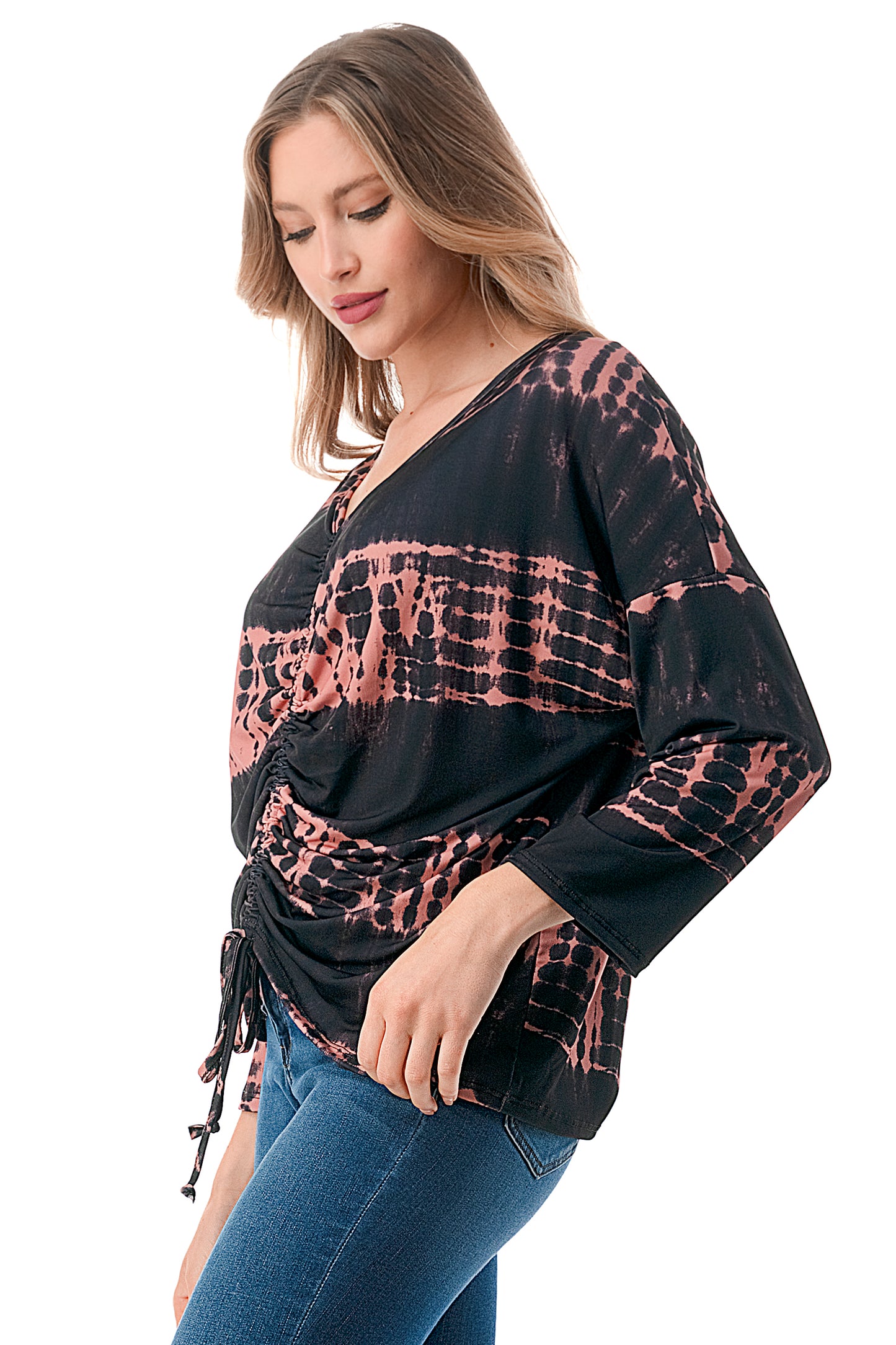 ACACIA CENTER DRAW SHIRRING TOP (BLACK RUST TIE DYE)- VT3006