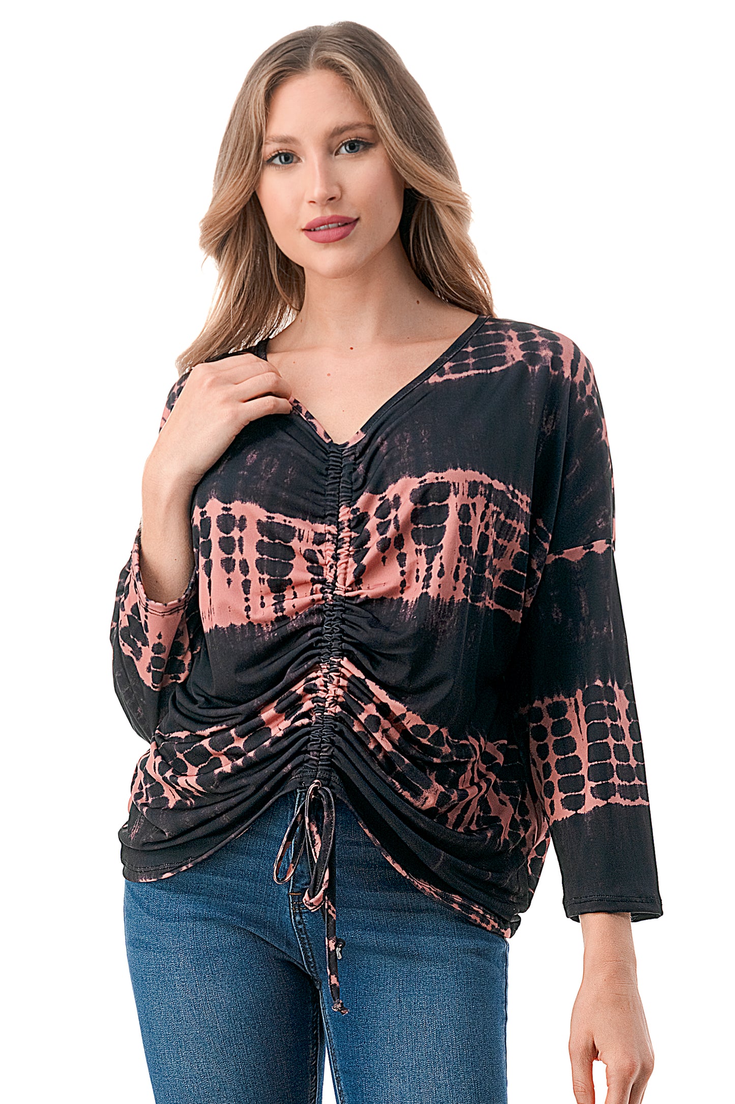 ACACIA CENTER DRAW SHIRRING TOP (BLACK RUST TIE DYE)- VT3006