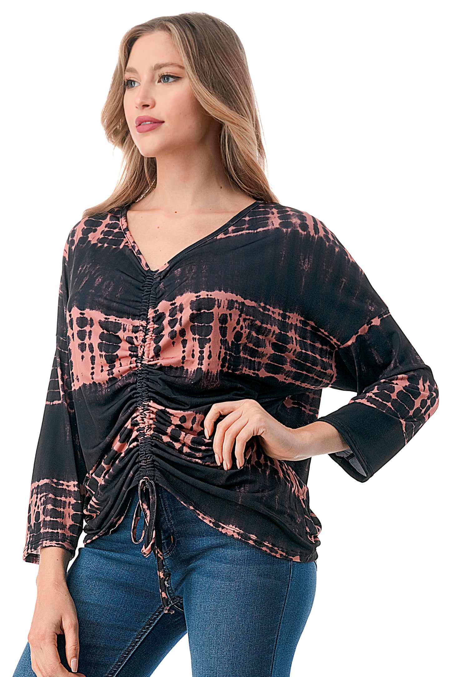 ACACIA CENTER DRAW SHIRRING TOP (BLACK RUST TIE DYE)- VT3006