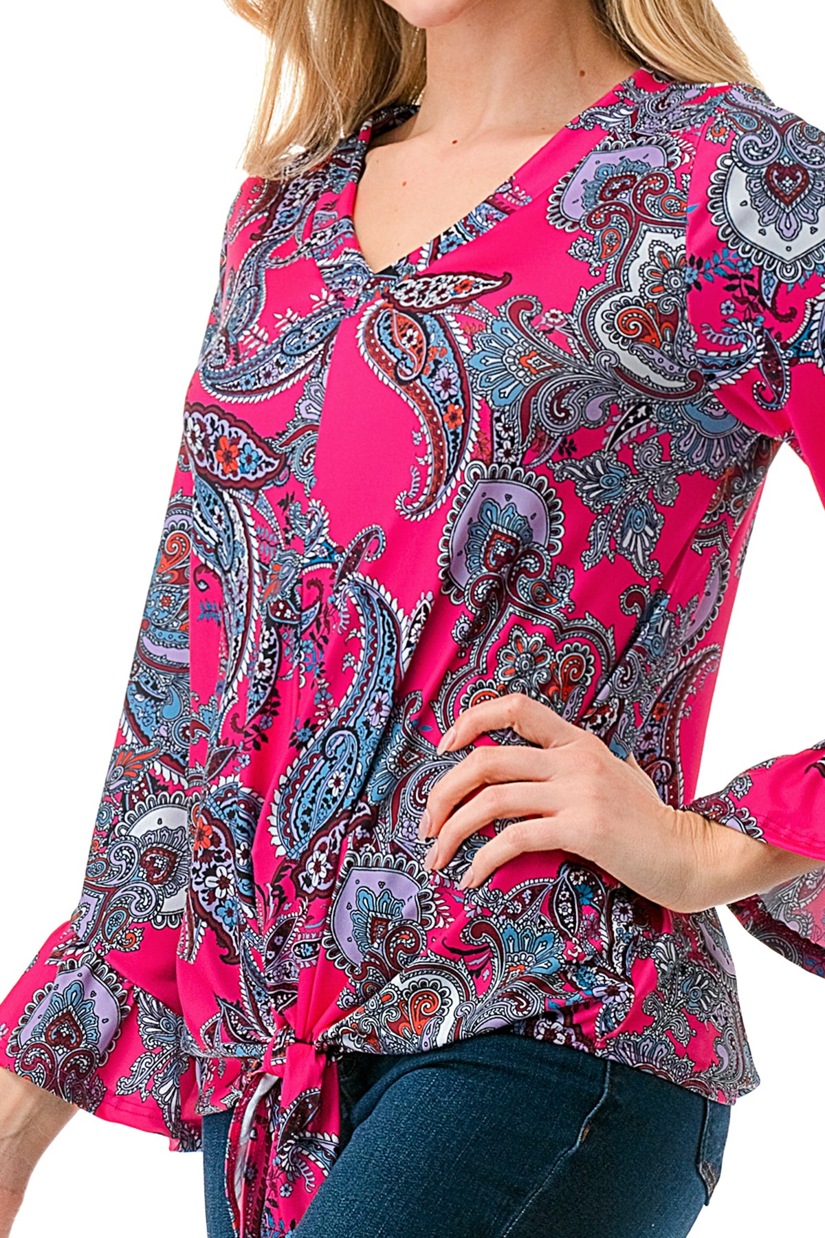 IVY FRONT TIE V NECK TOP (HOT PINK PAISLEY)-VT3018LA