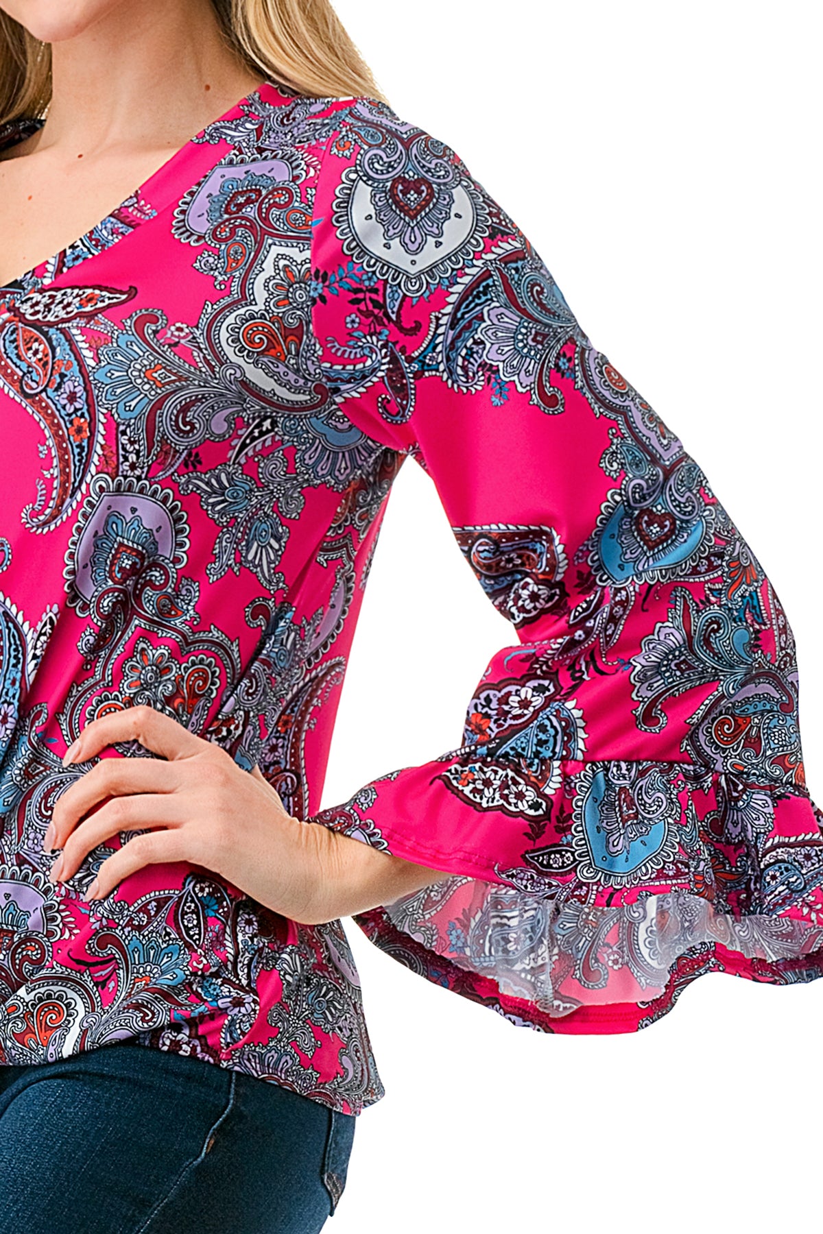IVY FRONT TIE V NECK TOP (HOT PINK PAISLEY)-VT3018LA