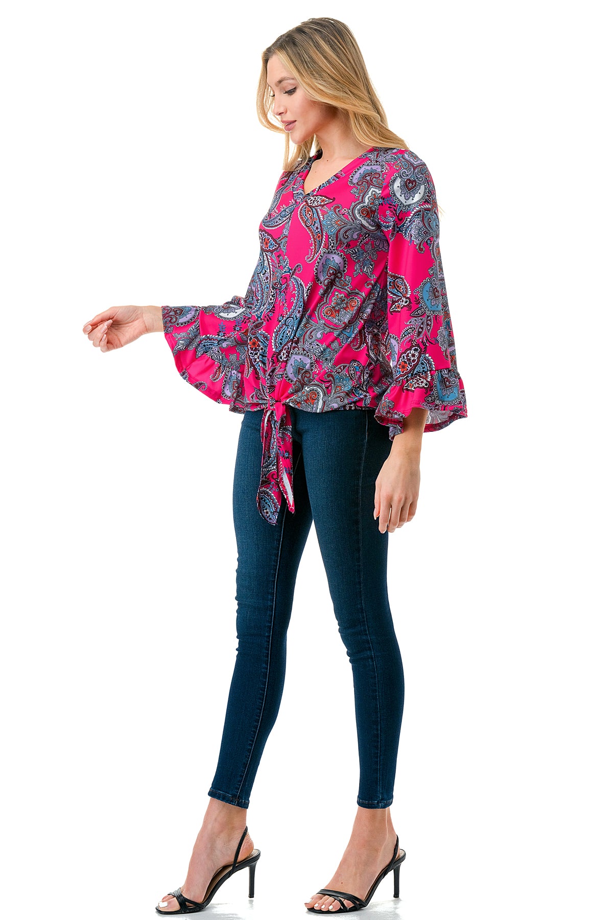 IVY FRONT TIE V NECK TOP (HOT PINK PAISLEY)-VT3018LA