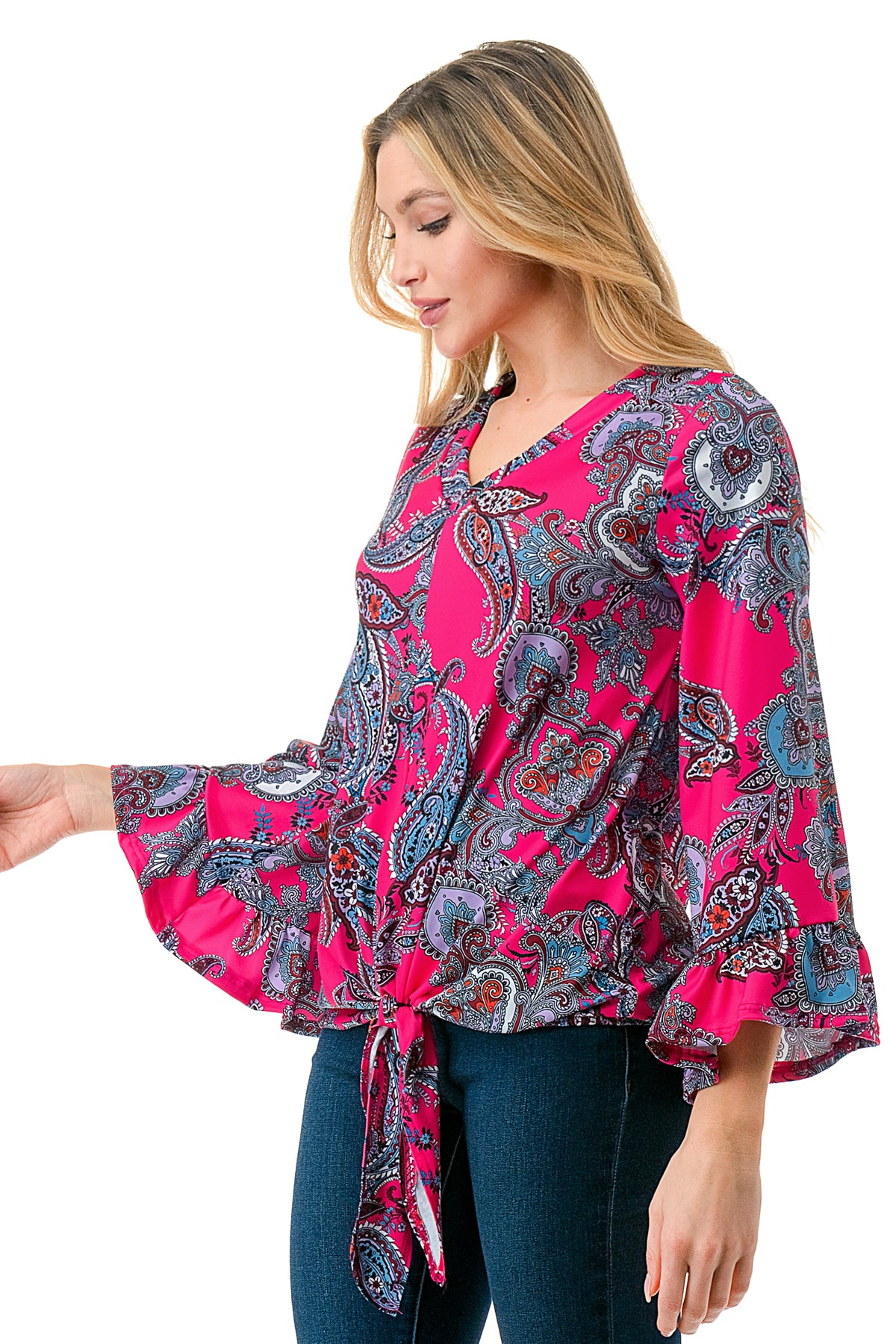 IVY FRONT TIE V NECK TOP (HOT PINK PAISLEY)-VT3018LA