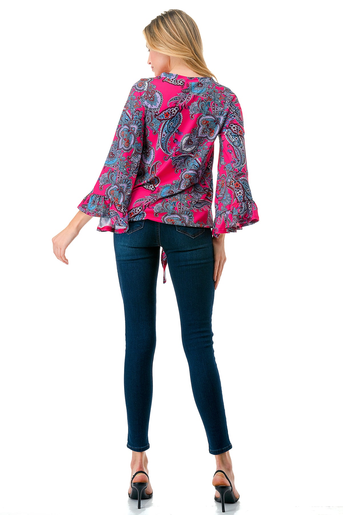 IVY FRONT TIE V NECK TOP (HOT PINK PAISLEY)-VT3018LA