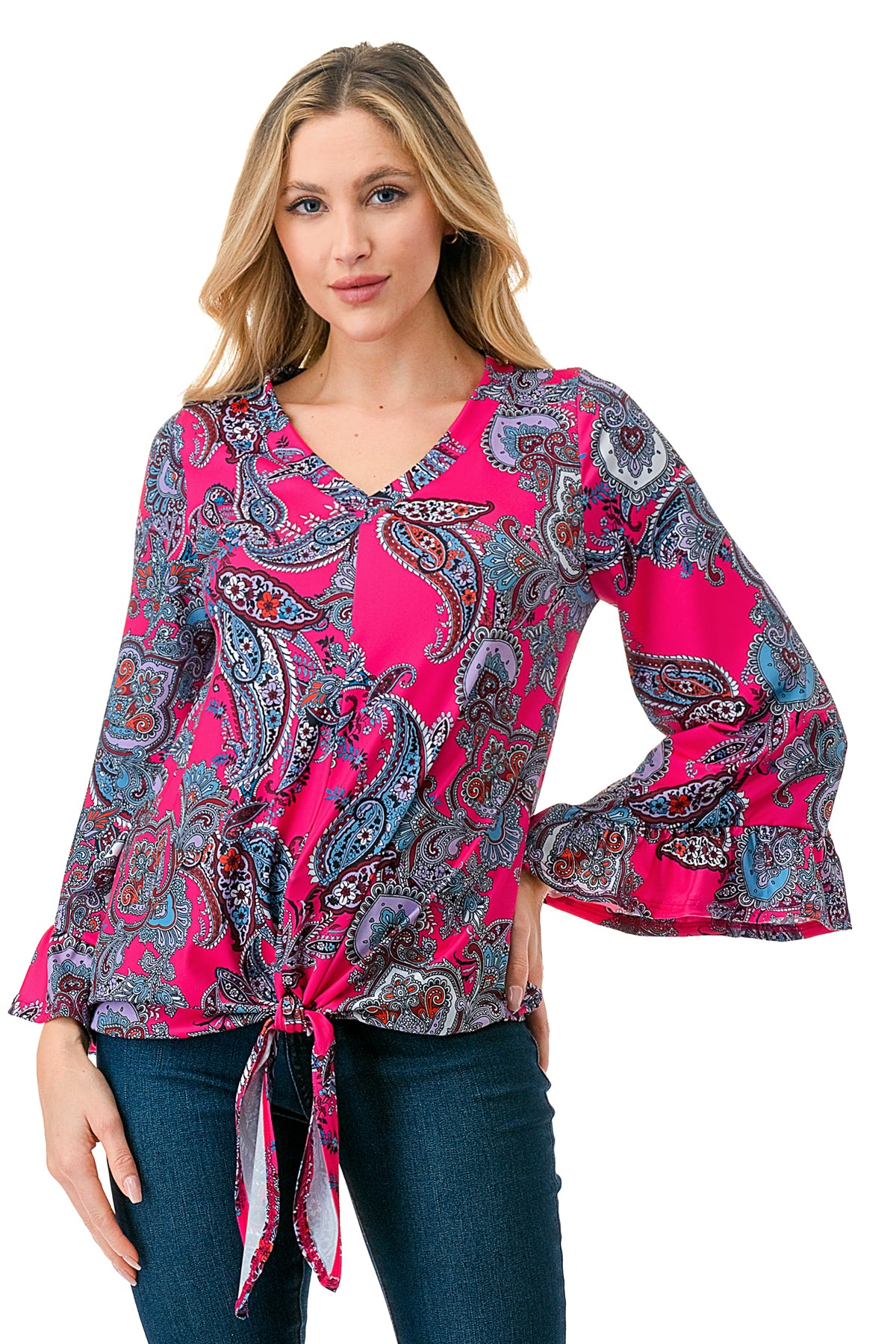 IVY FRONT TIE V NECK TOP (HOT PINK PAISLEY)-VT3018LA