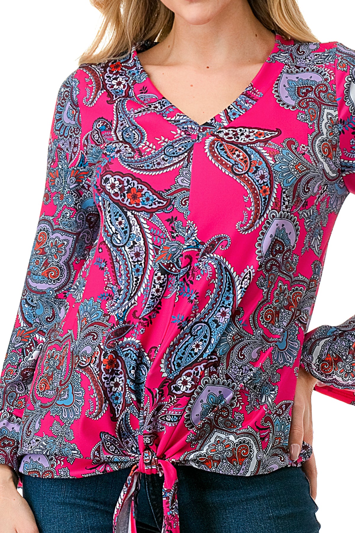 IVY FRONT TIE V NECK TOP (HOT PINK PAISLEY)-VT3018LA