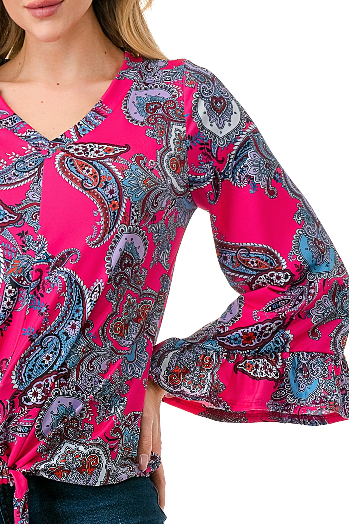 IVY FRONT TIE V NECK TOP (HOT PINK PAISLEY)-VT3018LA