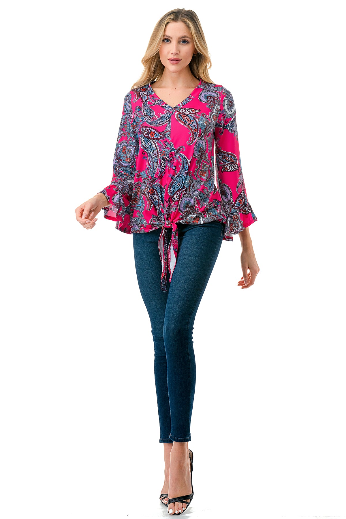 IVY FRONT TIE V NECK TOP (HOT PINK PAISLEY)-VT3018LA