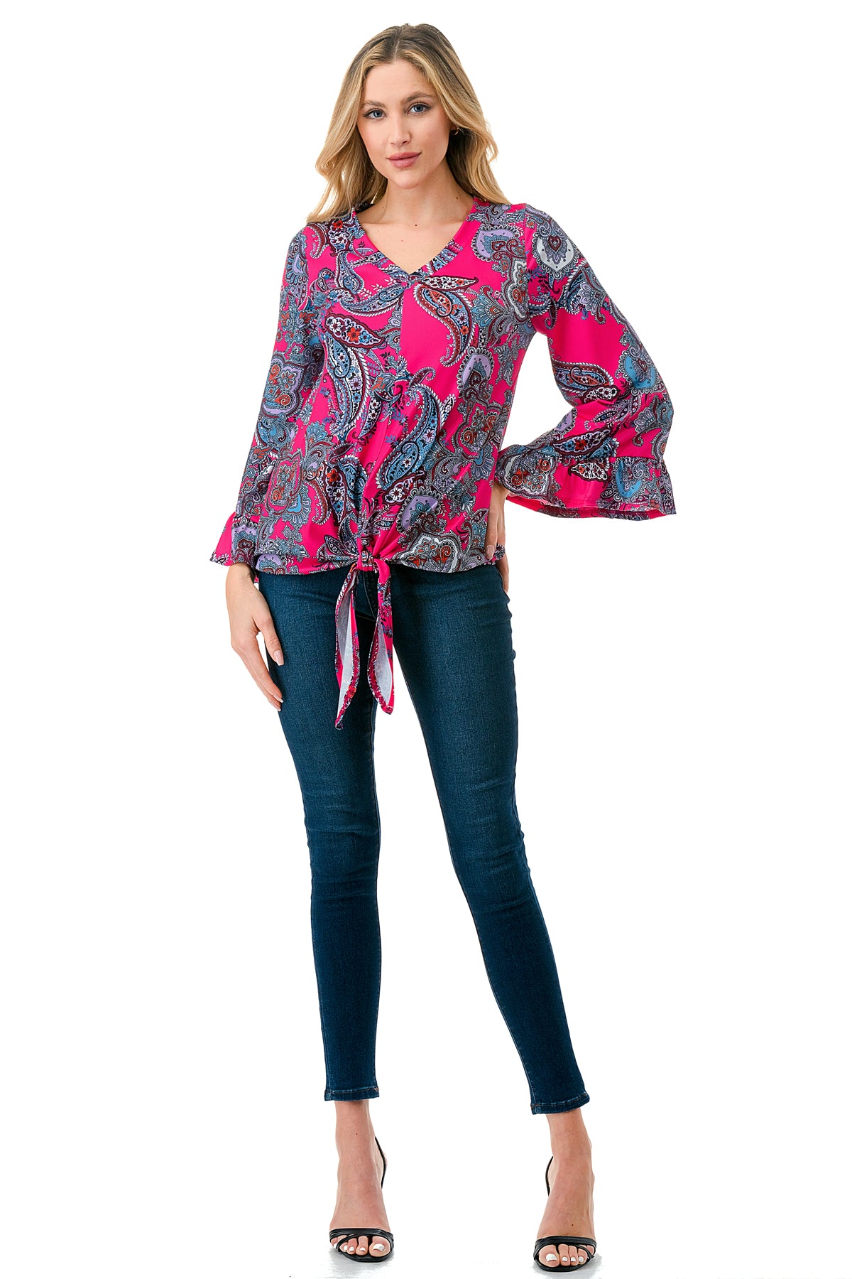 IVY FRONT TIE V NECK TOP (HOT PINK PAISLEY)-VT3018LA