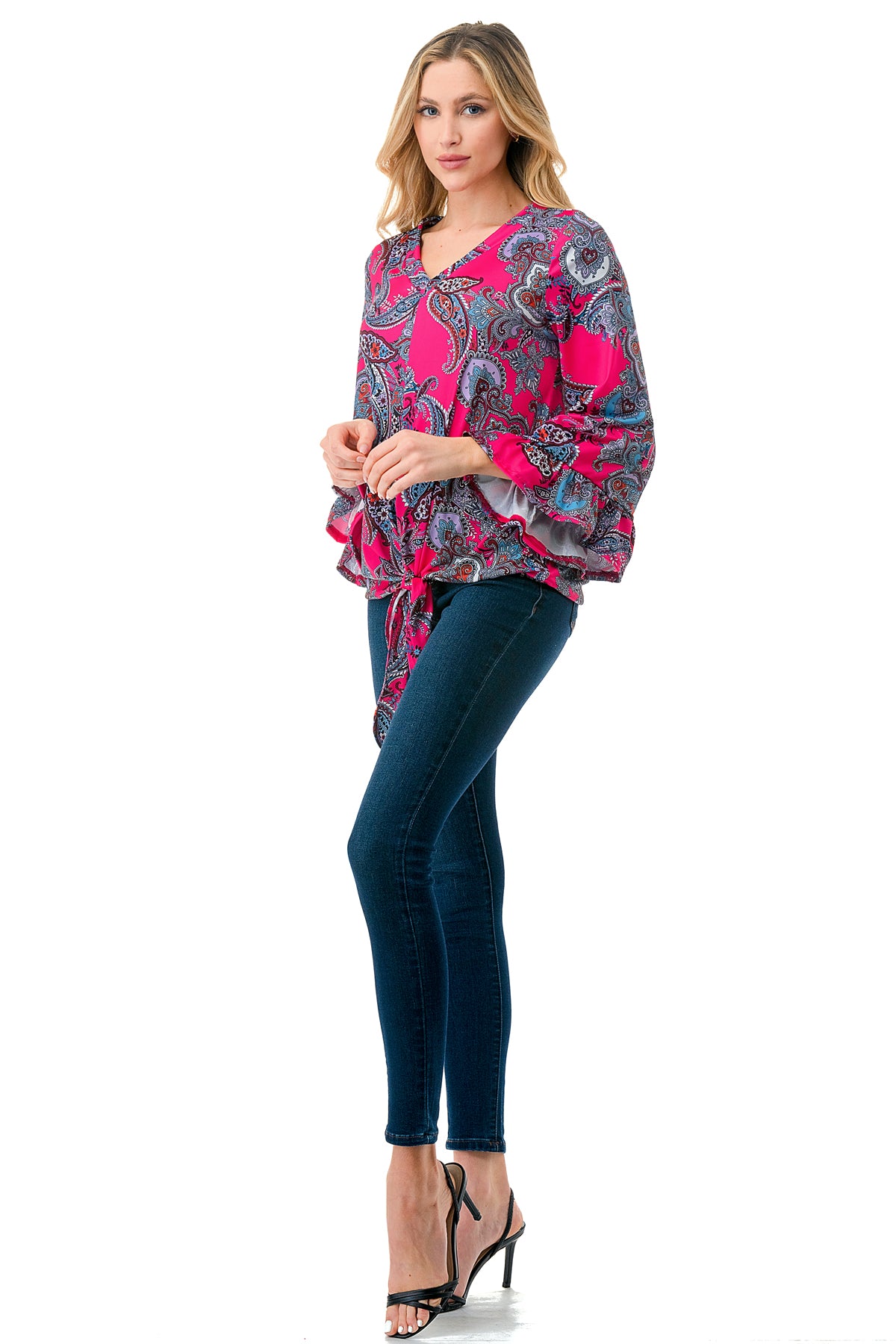 IVY FRONT TIE V NECK TOP (HOT PINK PAISLEY)-VT3018LA