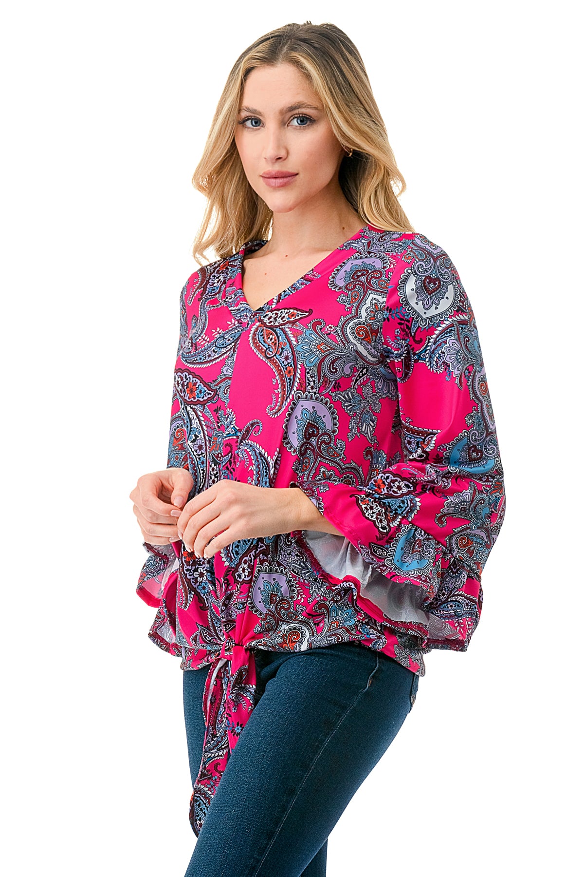 IVY FRONT TIE V NECK TOP (HOT PINK PAISLEY)-VT3018LA