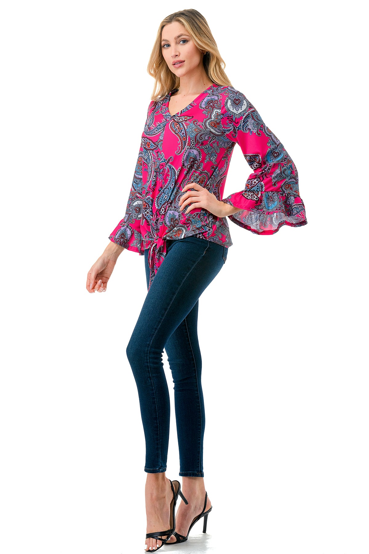 IVY FRONT TIE V NECK TOP (HOT PINK PAISLEY)-VT3018LA