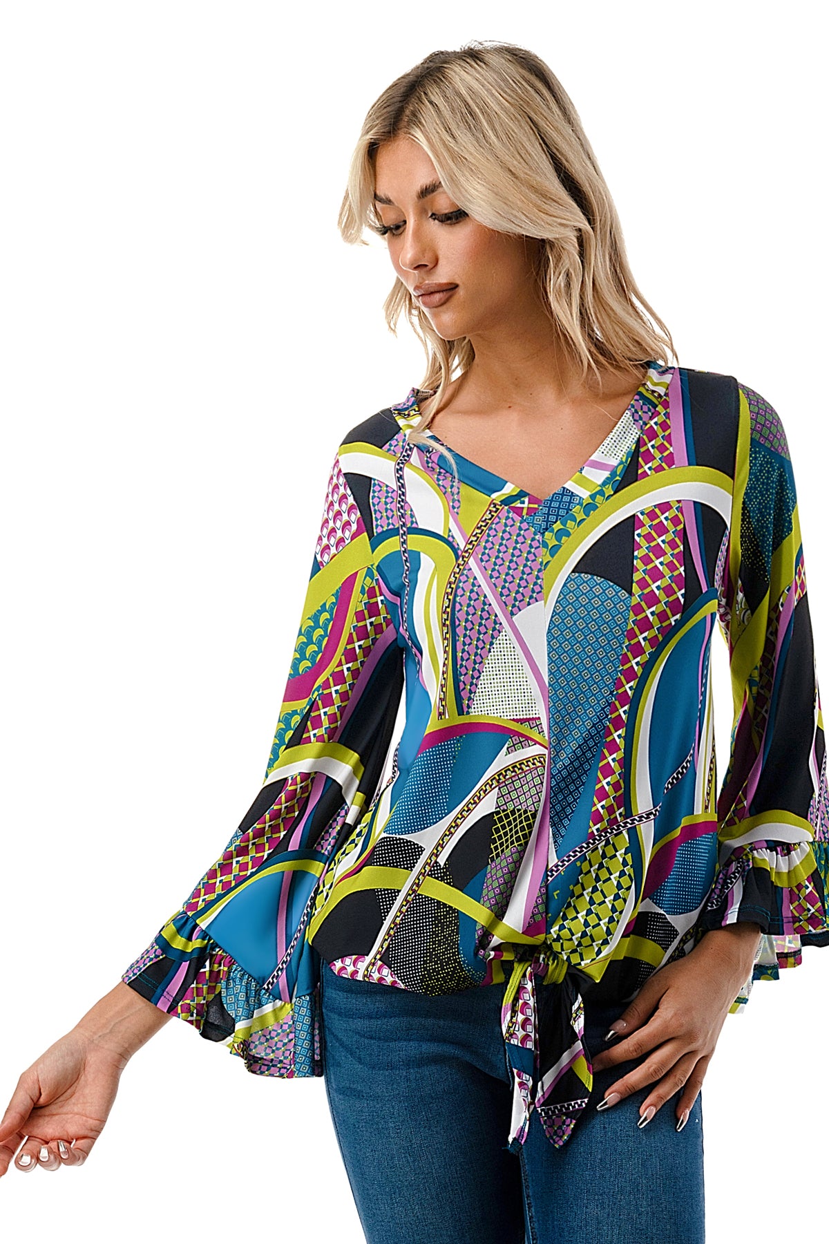 IVY FRONT TIE V NECK TOP (BLACK PURPLE GEO)-VT3018LA