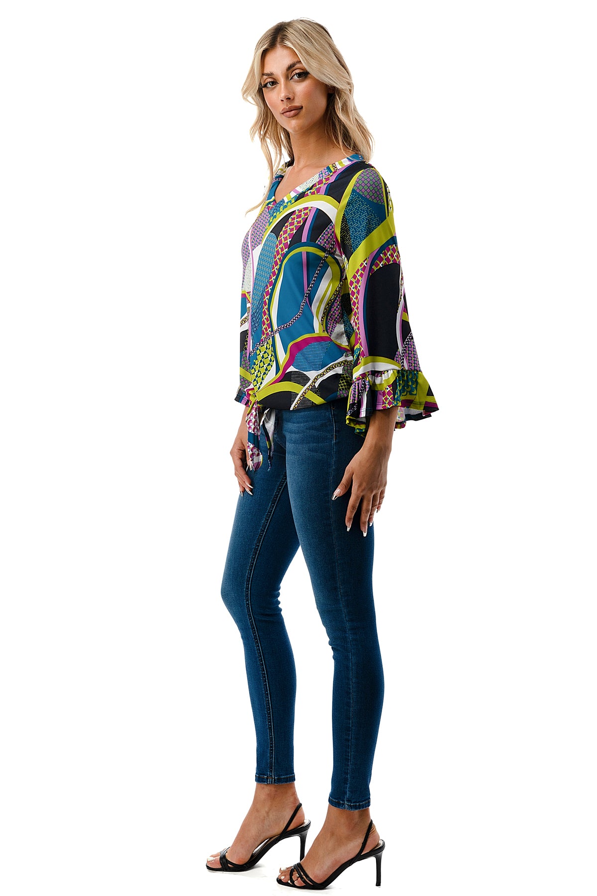 IVY FRONT TIE V NECK TOP (BLACK PURPLE GEO)-VT3018LA