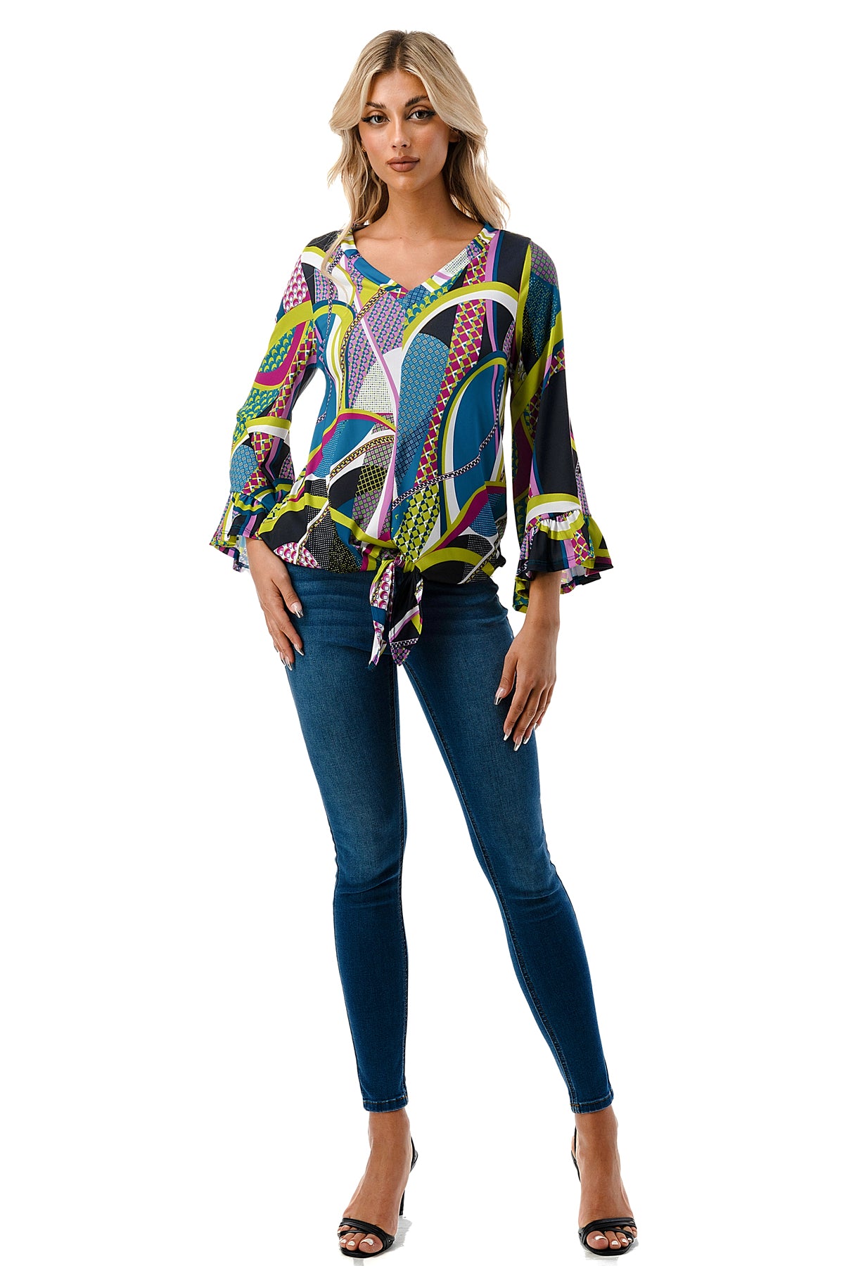 IVY FRONT TIE V NECK TOP (BLACK PURPLE GEO)-VT3018LA
