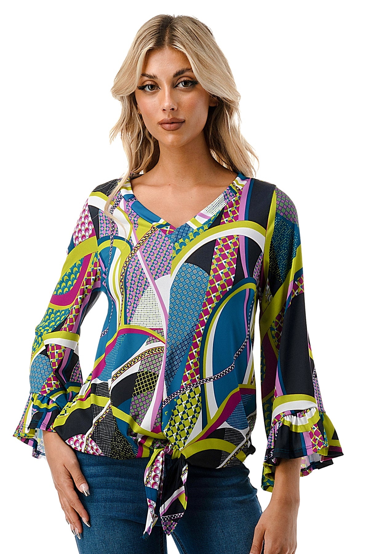 IVY FRONT TIE V NECK TOP (BLACK PURPLE GEO)-VT3018LA