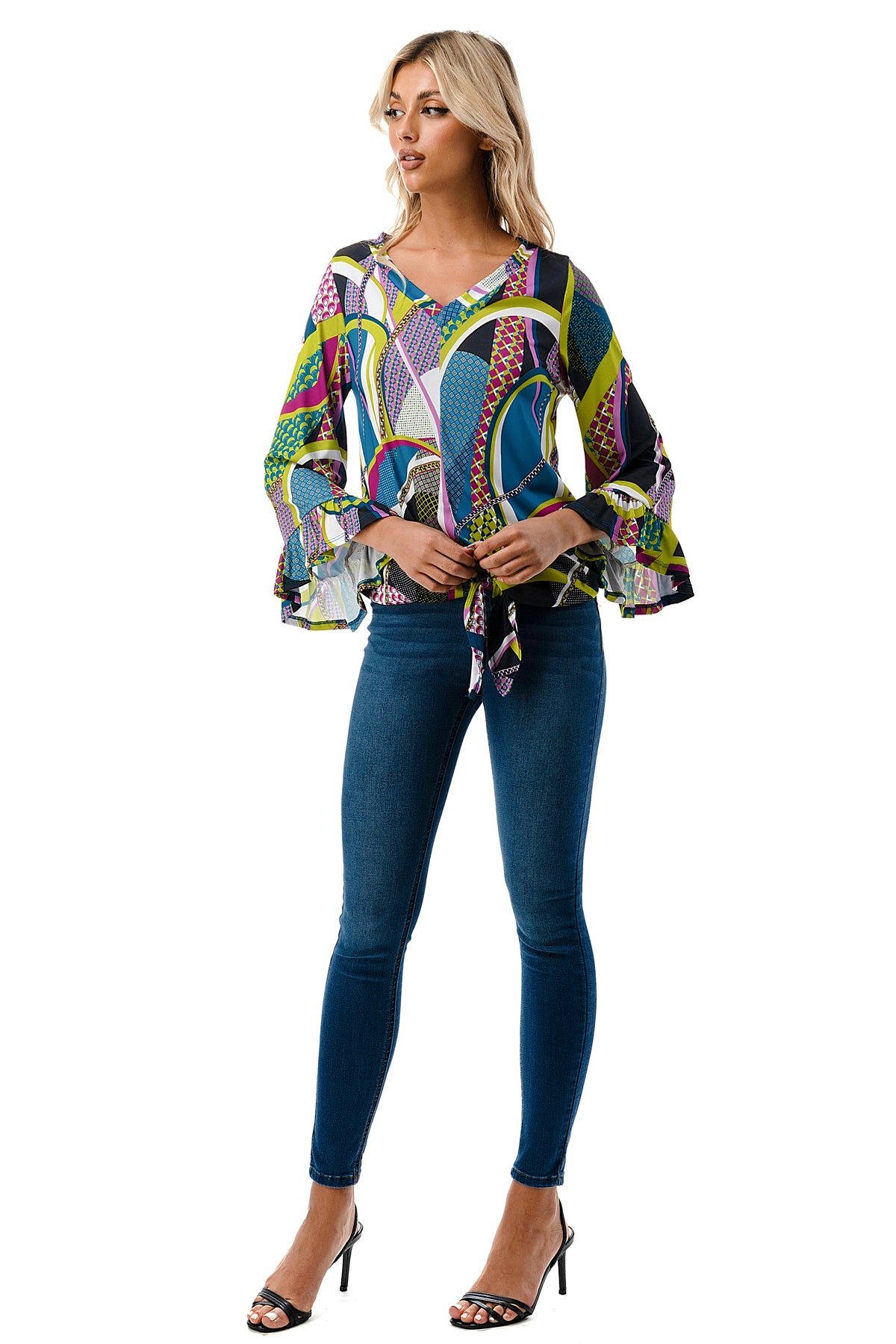 IVY FRONT TIE V NECK TOP (BLACK PURPLE GEO)-VT3018LA