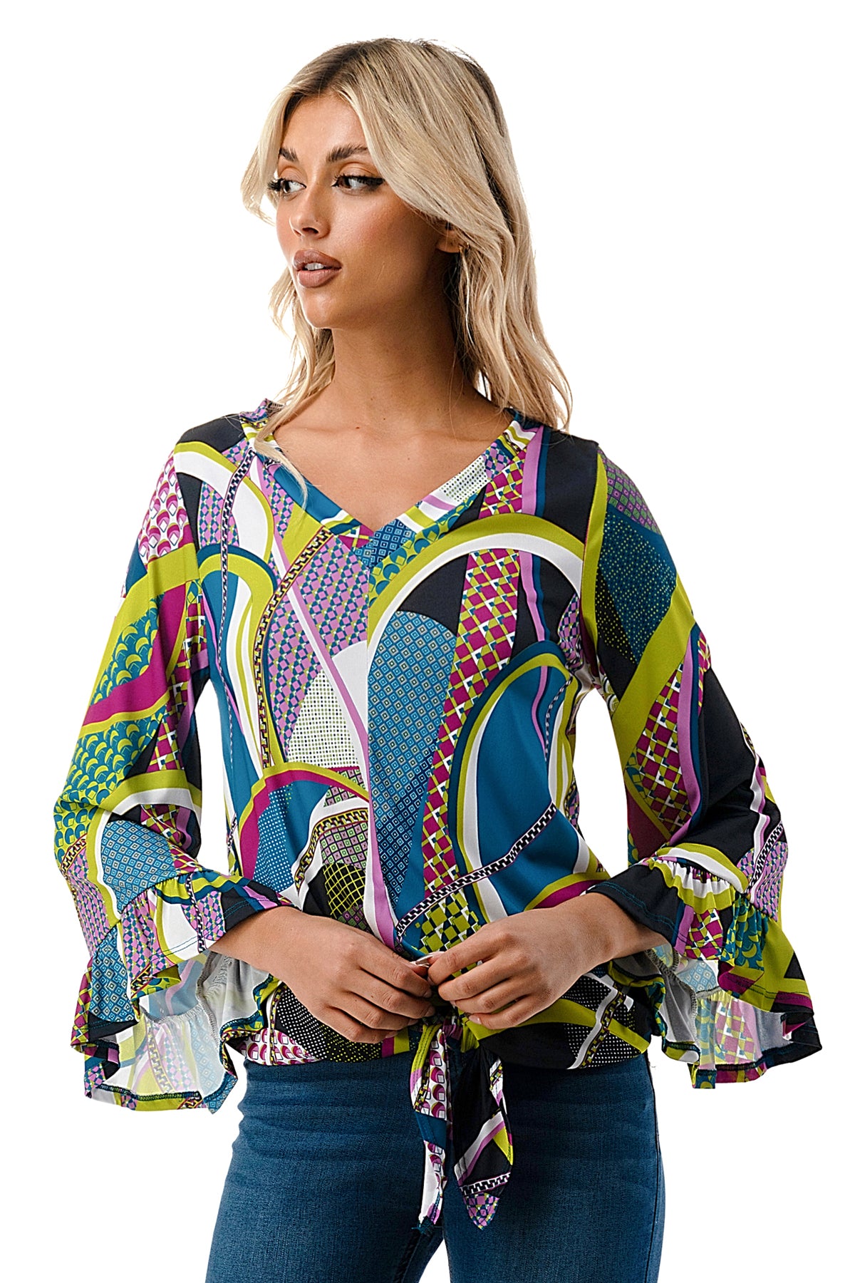 IVY FRONT TIE V NECK TOP (BLACK PURPLE GEO)-VT3018LA