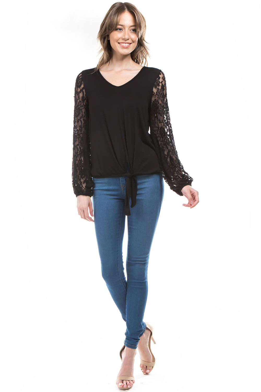 NORAH FRONT TIE V NECK TOP (BLACK/BLACK LACE)- VT3023