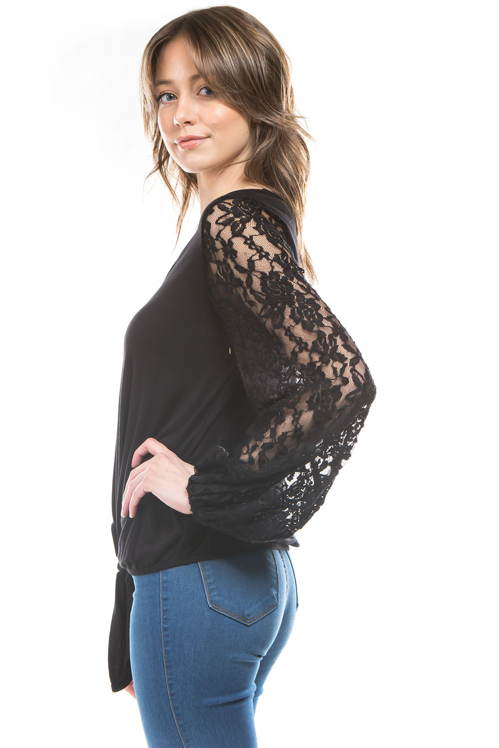 NORAH FRONT TIE V NECK TOP (BLACK/BLACK LACE)- VT3023