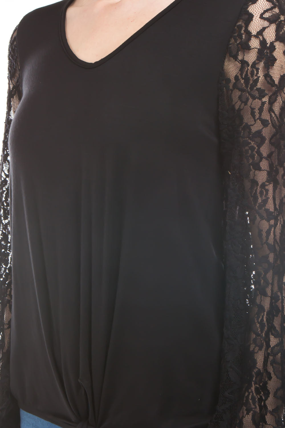 NORAH FRONT TIE V NECK TOP (BLACK/BLACK LACE)- VT3023