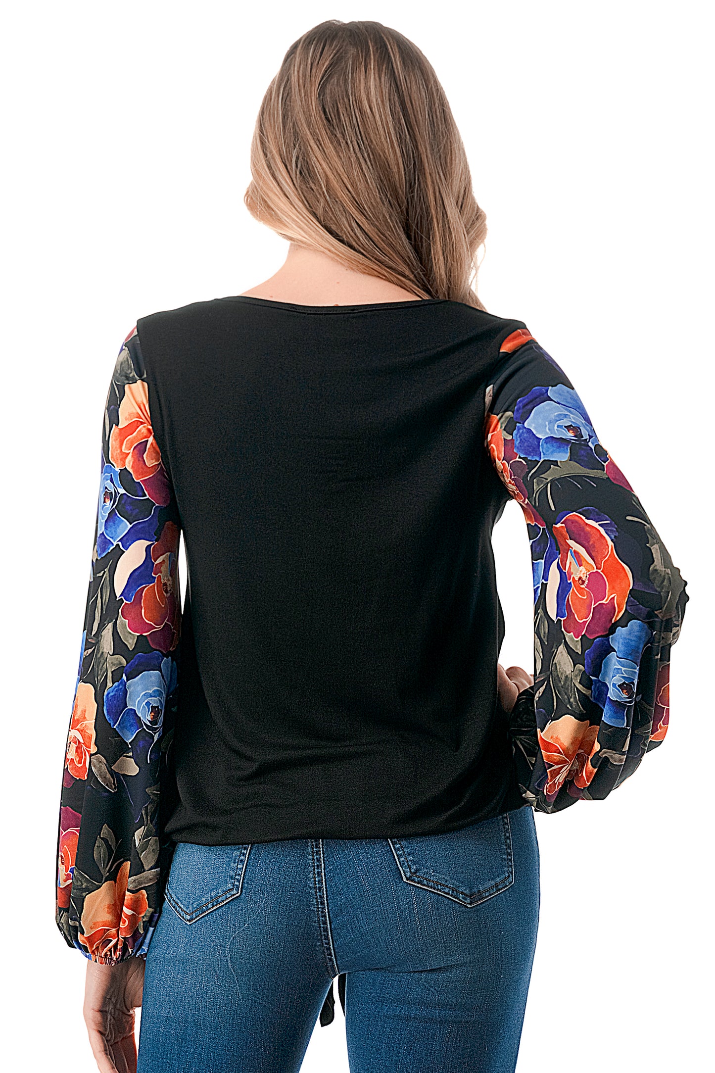 NORAH FRONT TIE V NECK TOP (BLACK/FALL FLOWER)- VT3023