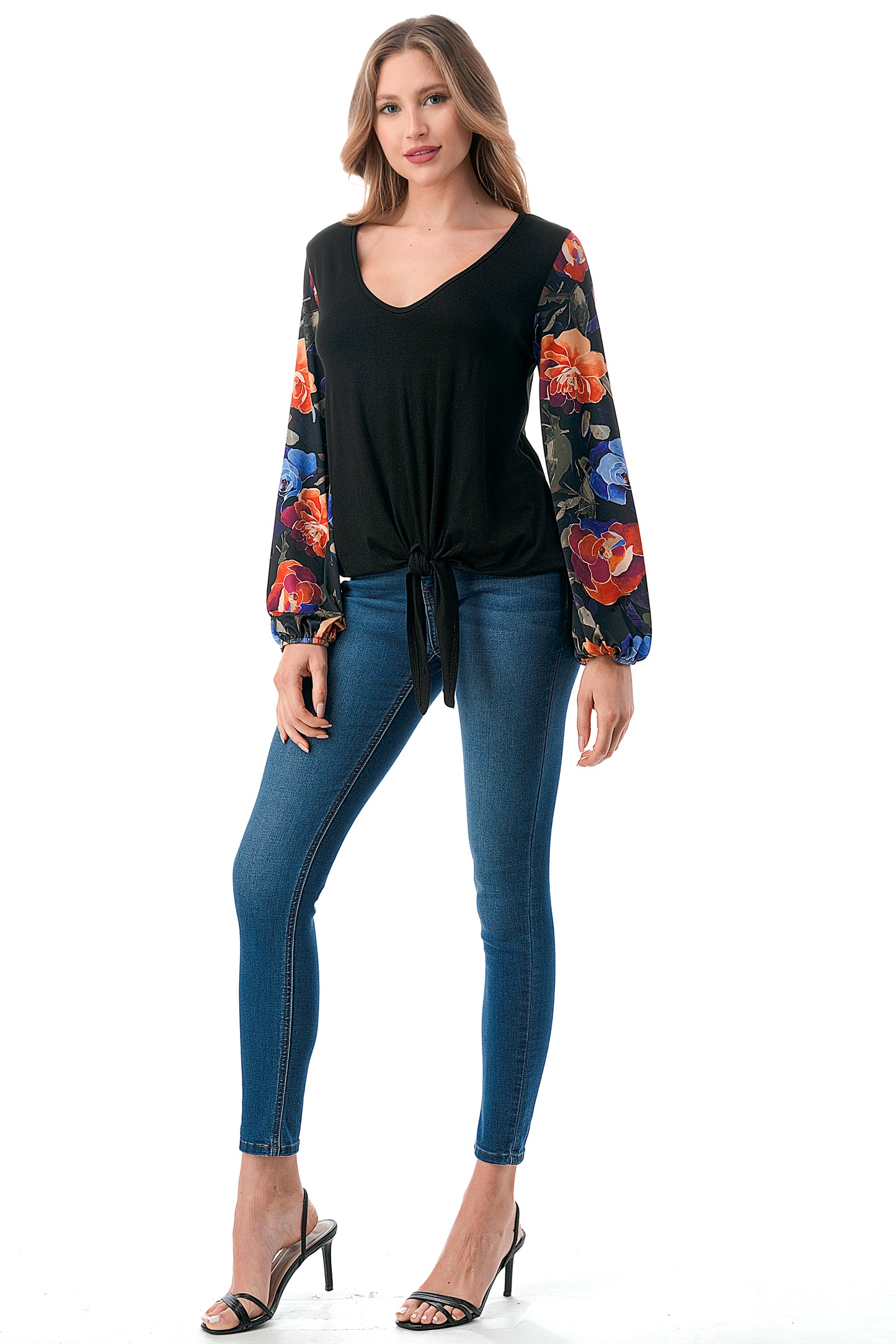 NORAH FRONT TIE V NECK TOP (BLACK/FALL FLOWER)- VT3023