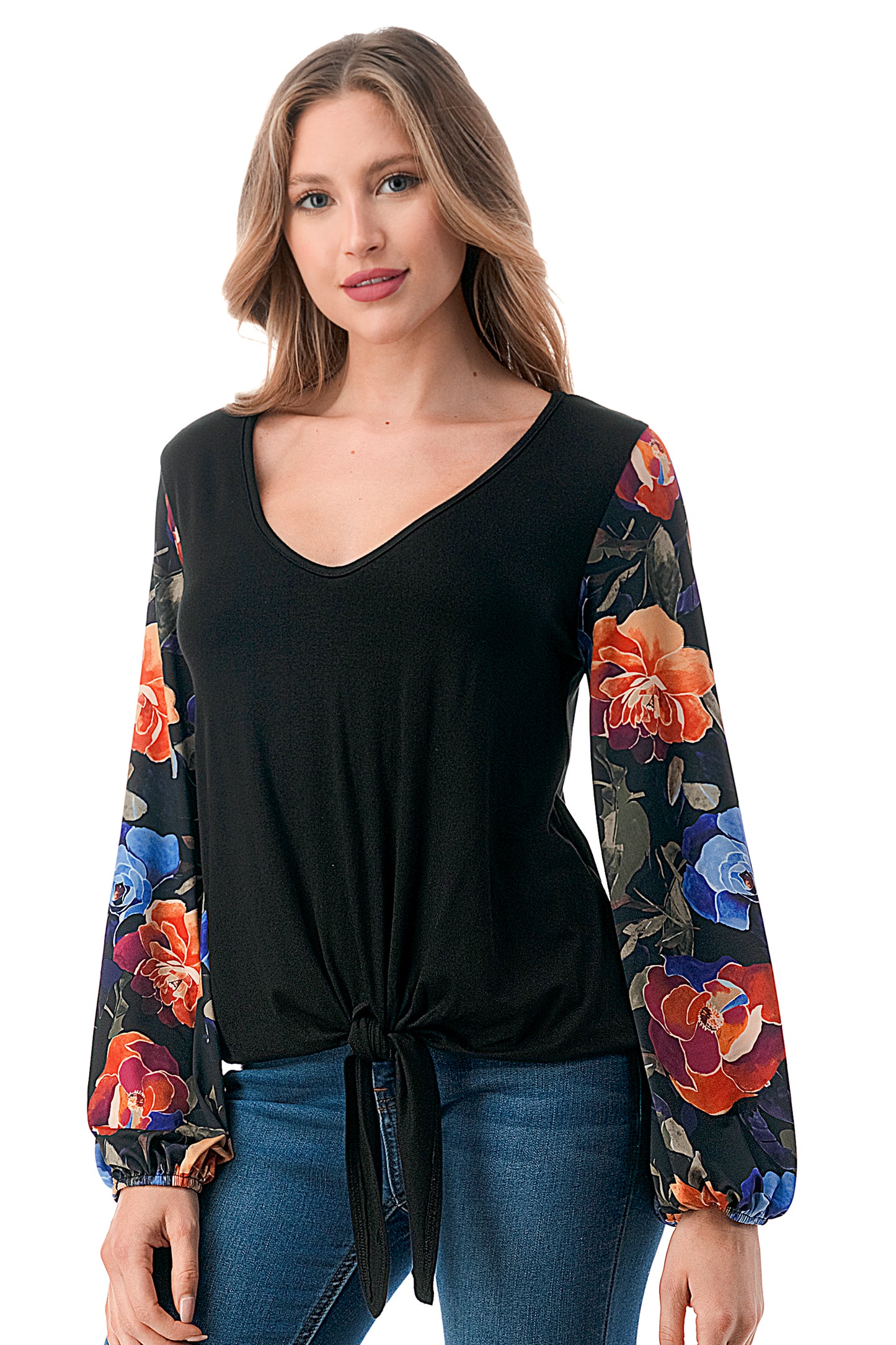 NORAH FRONT TIE V NECK TOP (BLACK/FALL FLOWER)- VT3023