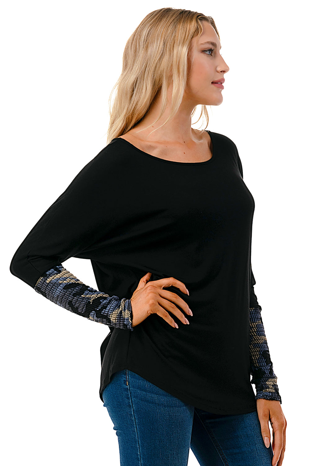 MILLIE SMOKING CUFFS TOP (BLACK / BLUE CAMO)- VT3041
