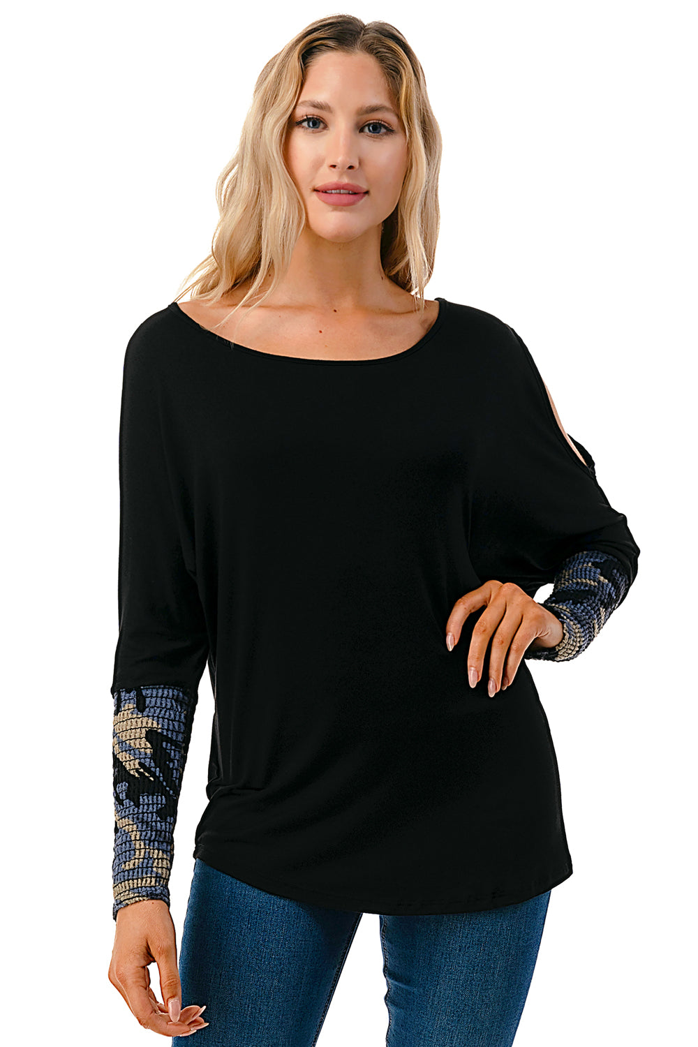 MILLIE SMOKING CUFFS TOP (BLACK / BLUE CAMO)- VT3041