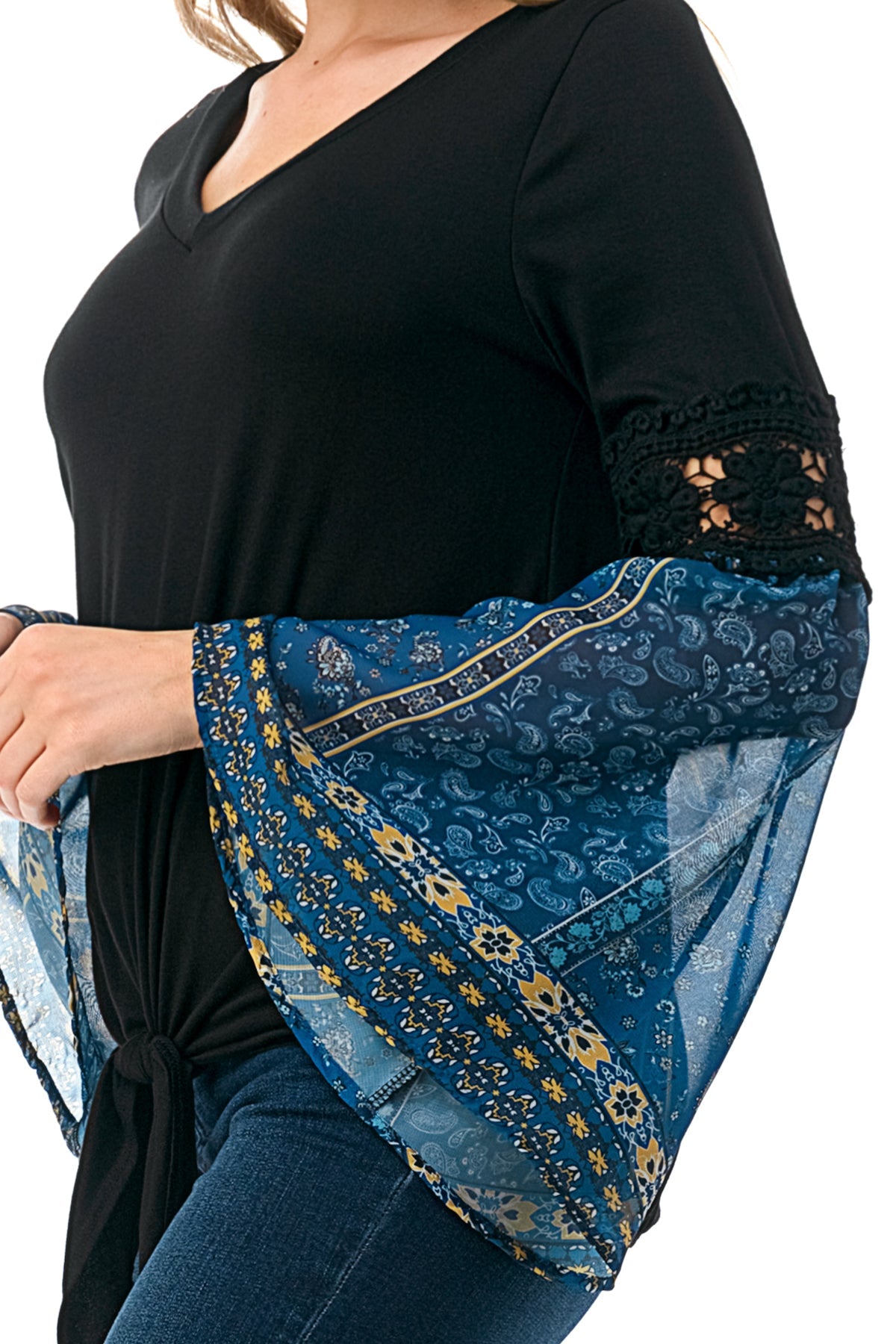 EMBER BELL SLEEVE TOP (BLACK/TEAL BOHO)- VT3068