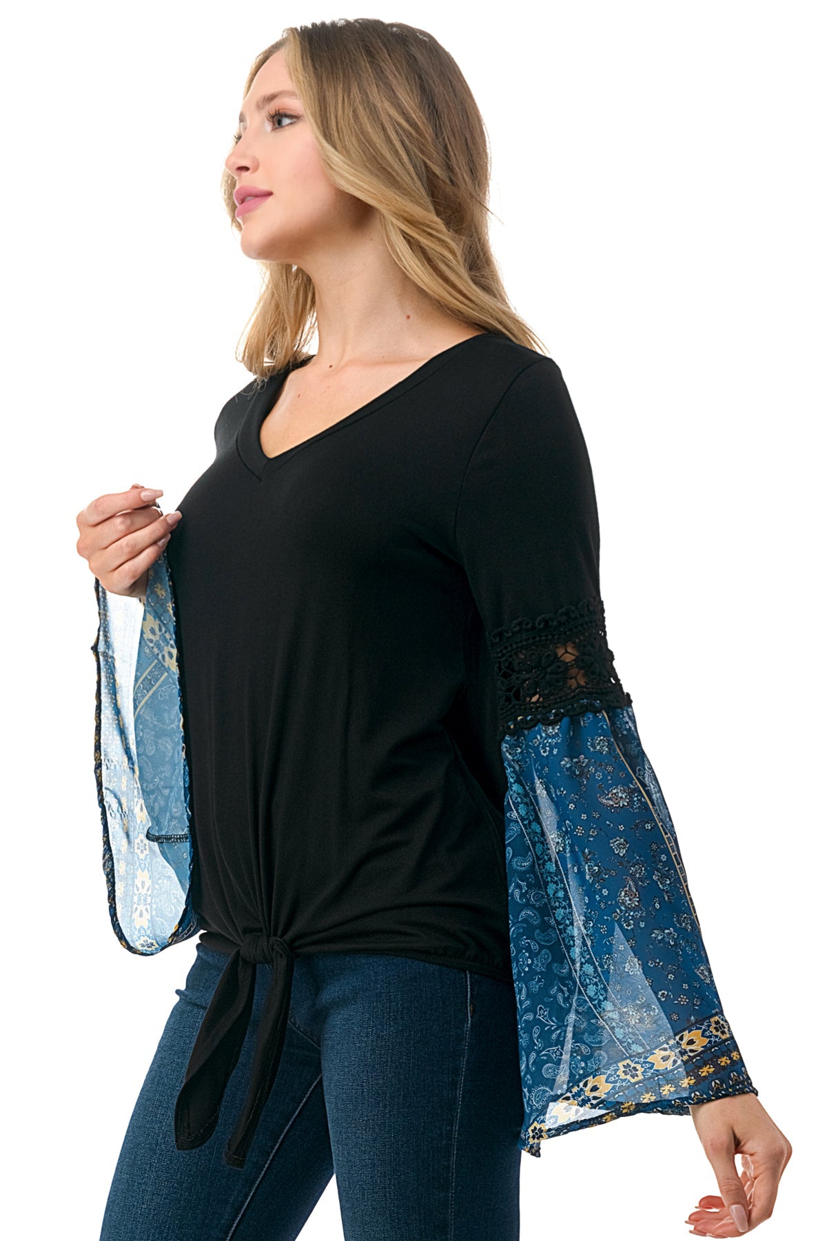 EMBER BELL SLEEVE TOP (BLACK/TEAL BOHO)- VT3068
